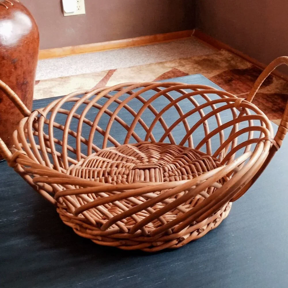 Vintage Boho Chic Wicker Rattan Bowl Basket Farmhouse Rustic Decor w/Handles